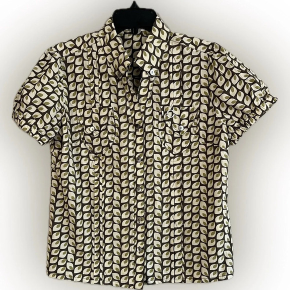 SNS Retro Graphic 100% Cotton Button-Down Top, Puff Short Sleeves, Size … - Picture 1 of 9